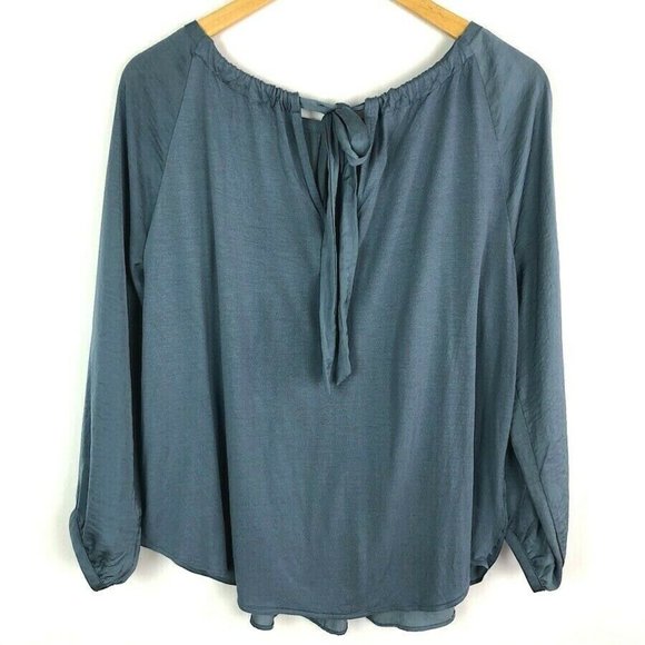 LOFT Blue Silky Tie Back Pleated Blouse - Picture 4 of 6